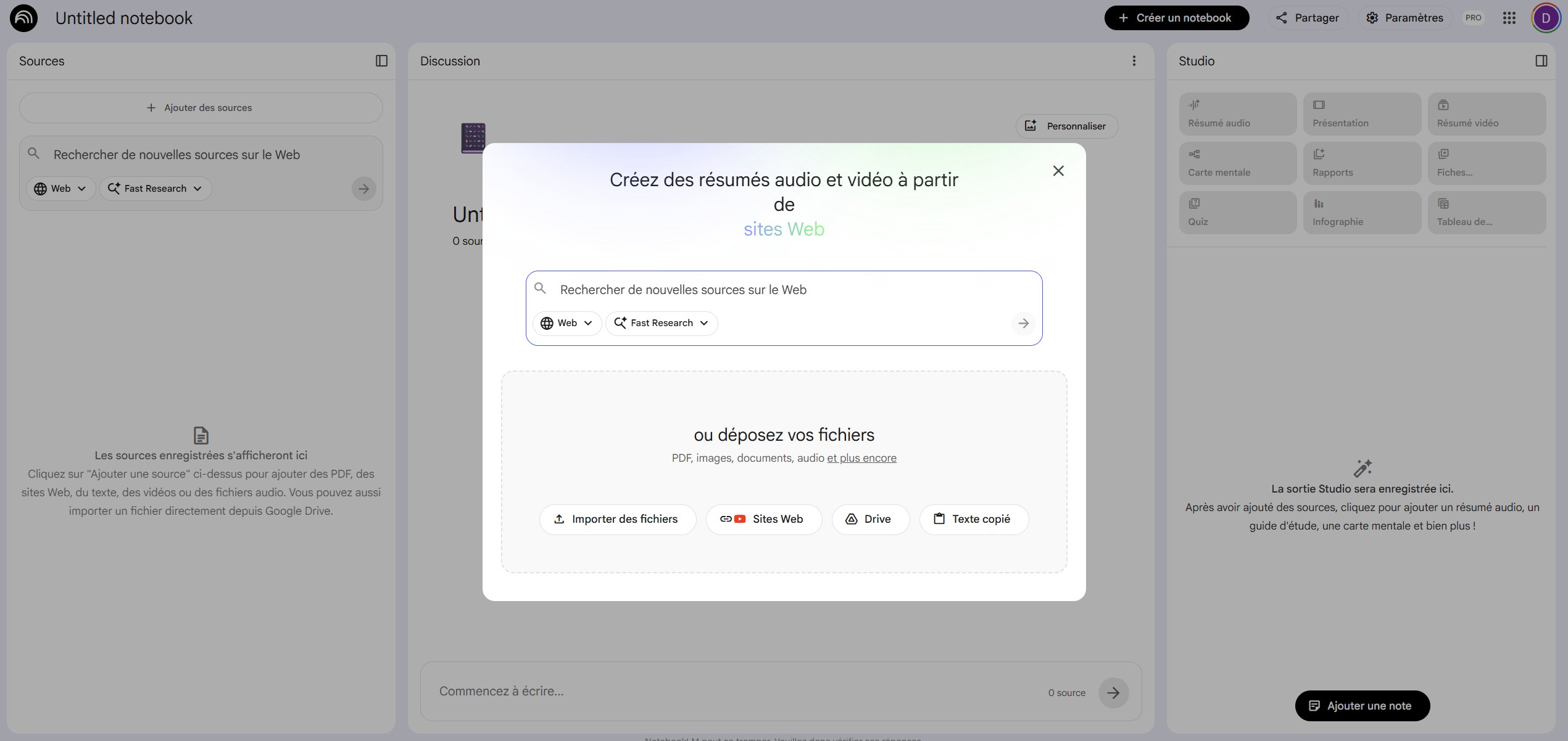 Écran de création d'un notebook dans NotebookLM