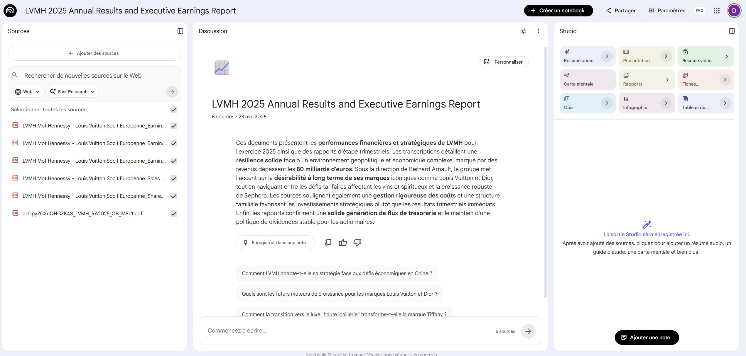 Résumé automatique du rapport LVMH 2025 et questions suggérées par NotebookLM