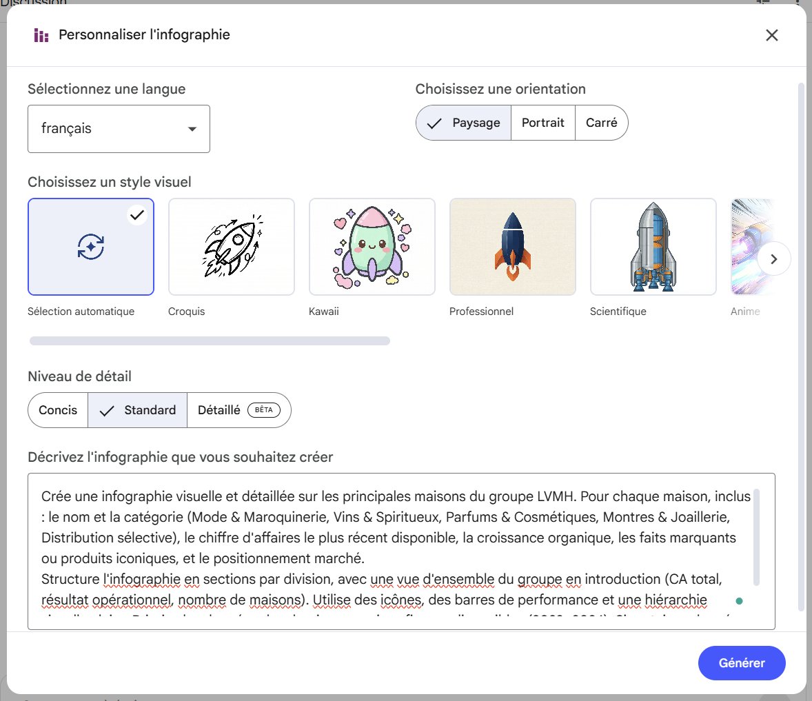 Dialogue de personnalisation de l'infographie dans NotebookLM