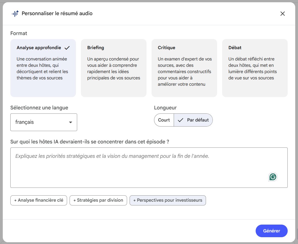 Dialogue de configuration du résumé audio (podcast) dans NotebookLM