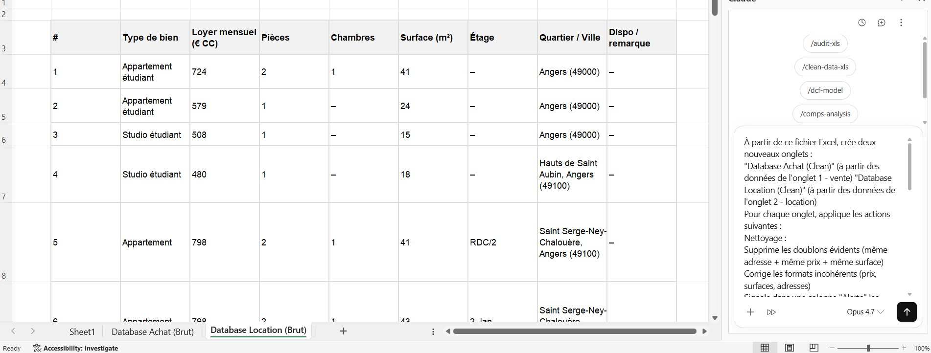 Prompt de nettoyage rédigé dans la sidebar Claude pour Excel