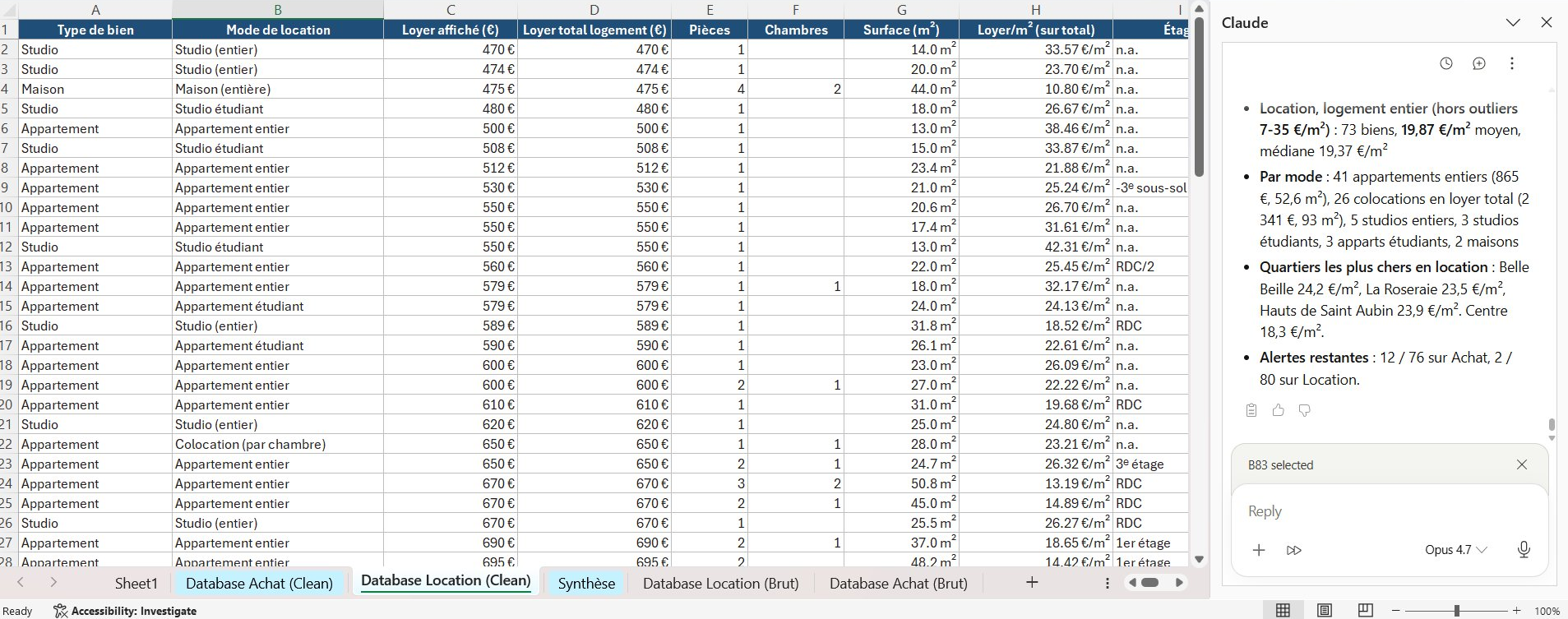 Base de location nettoyée par Claude pour Excel