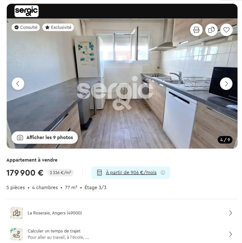 Annonce SeLoger de l'appartement T5 shortlisté à Angers