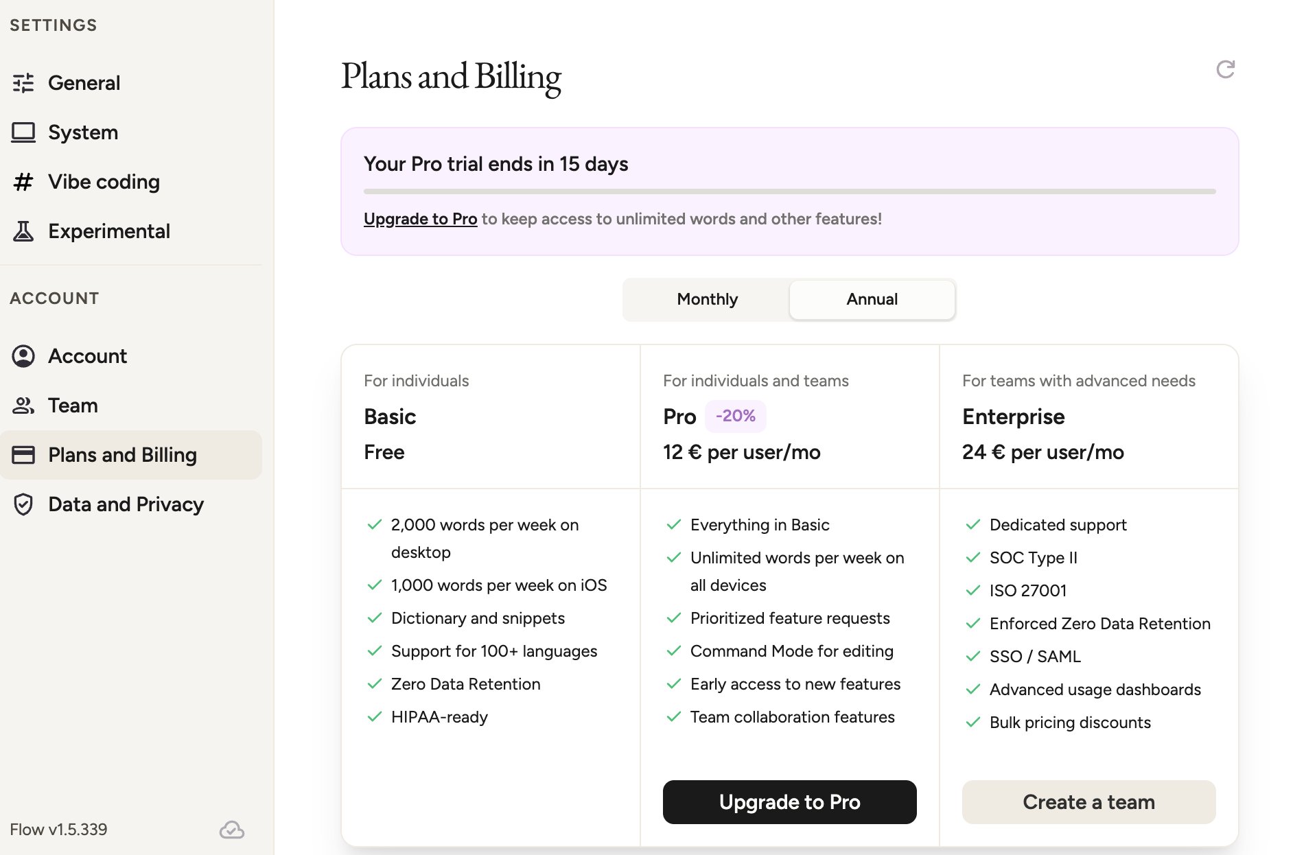 Les 3 plans Wispr Flow : Basic gratuit, Pro à 12€/mois, Enterprise à 24€/user/mois