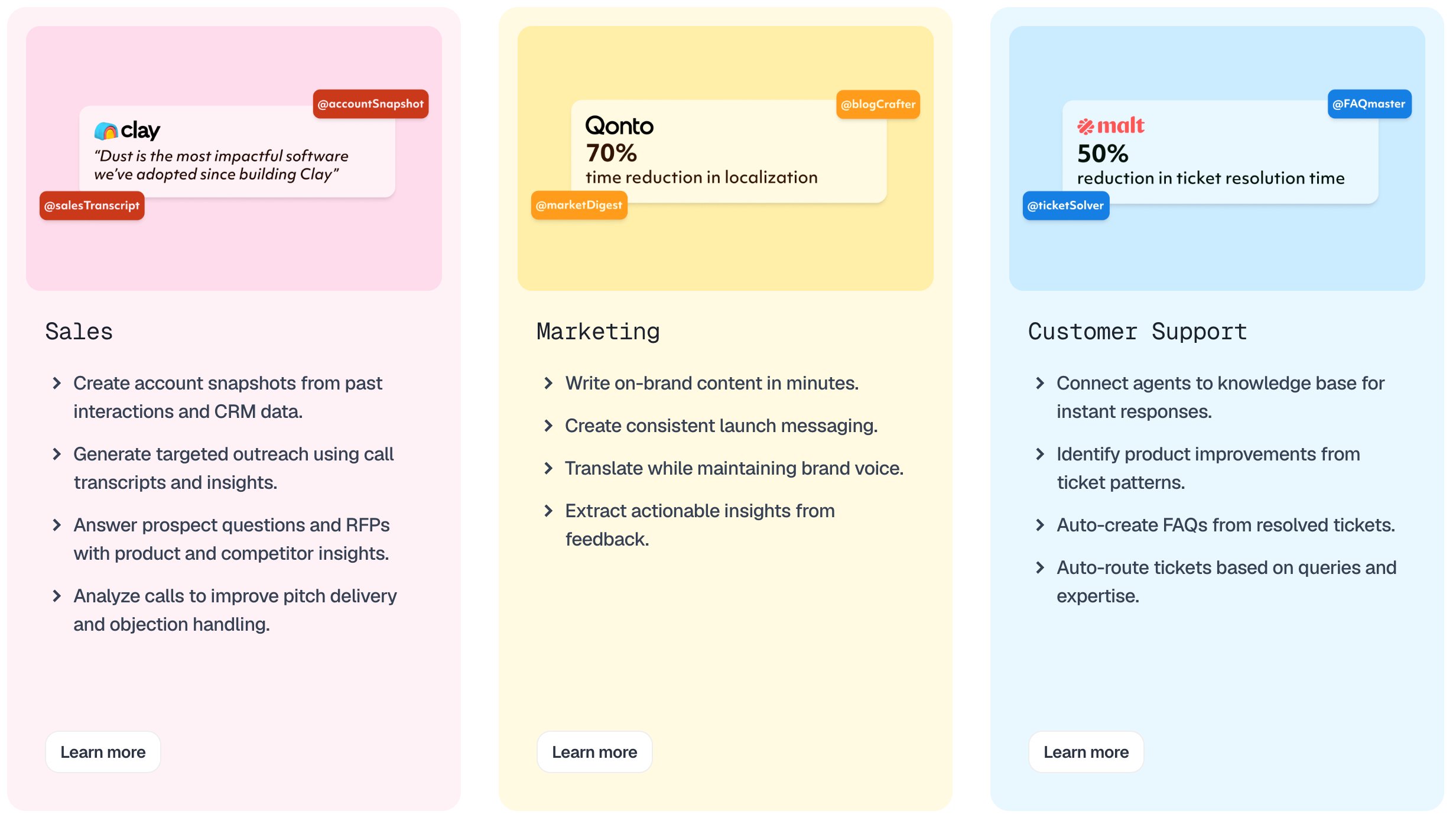 Cas d'usage Dust : Sales, Marketing, Customer Support
