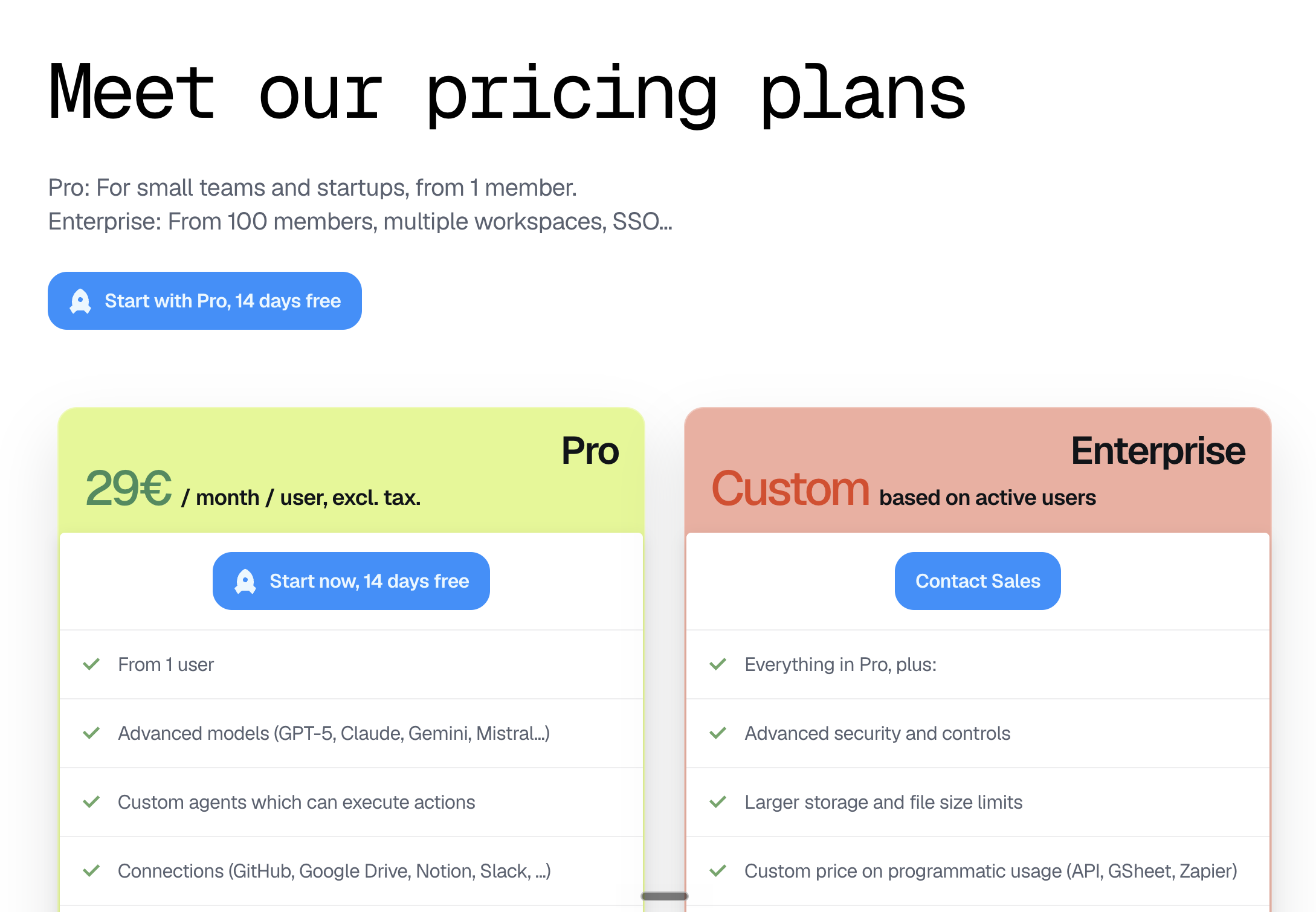 Plans Dust : Pro 29€ et Enterprise sur devis