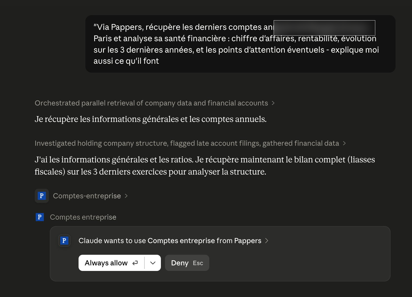 Claude lance la recherche via Pappers (société anonymisée)