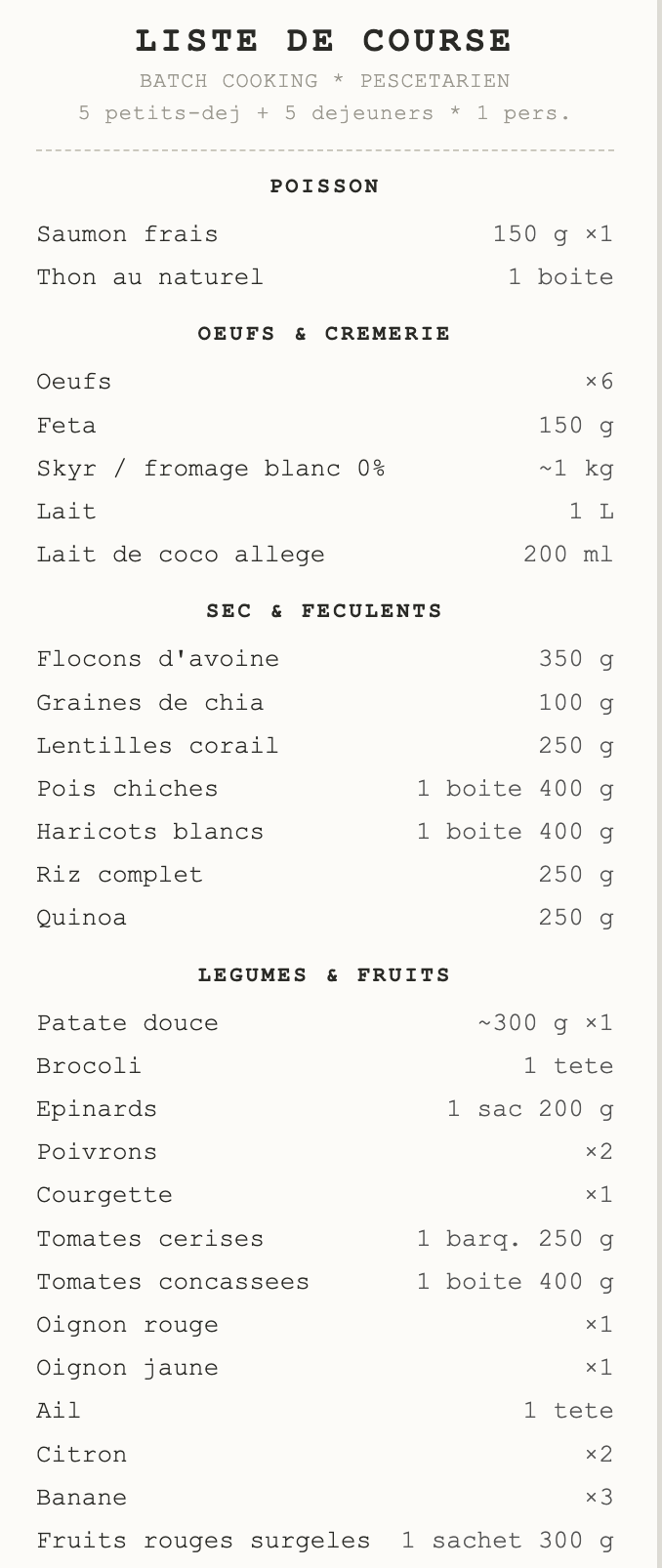 La liste de courses générée avec Claude