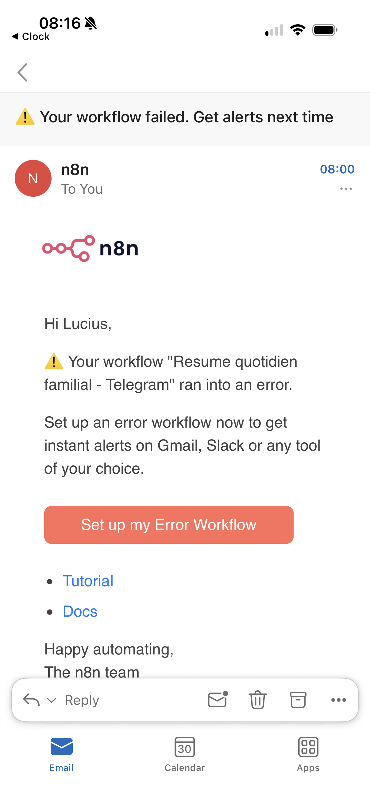 L'e-mail d'erreur