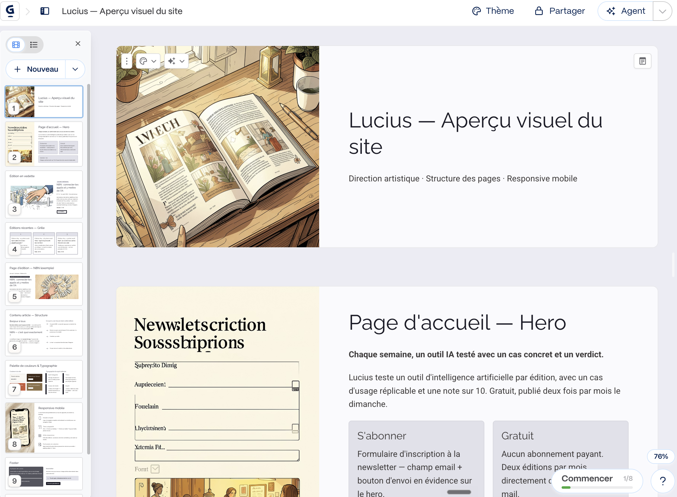 Site Lucius généré par Gamma, première version